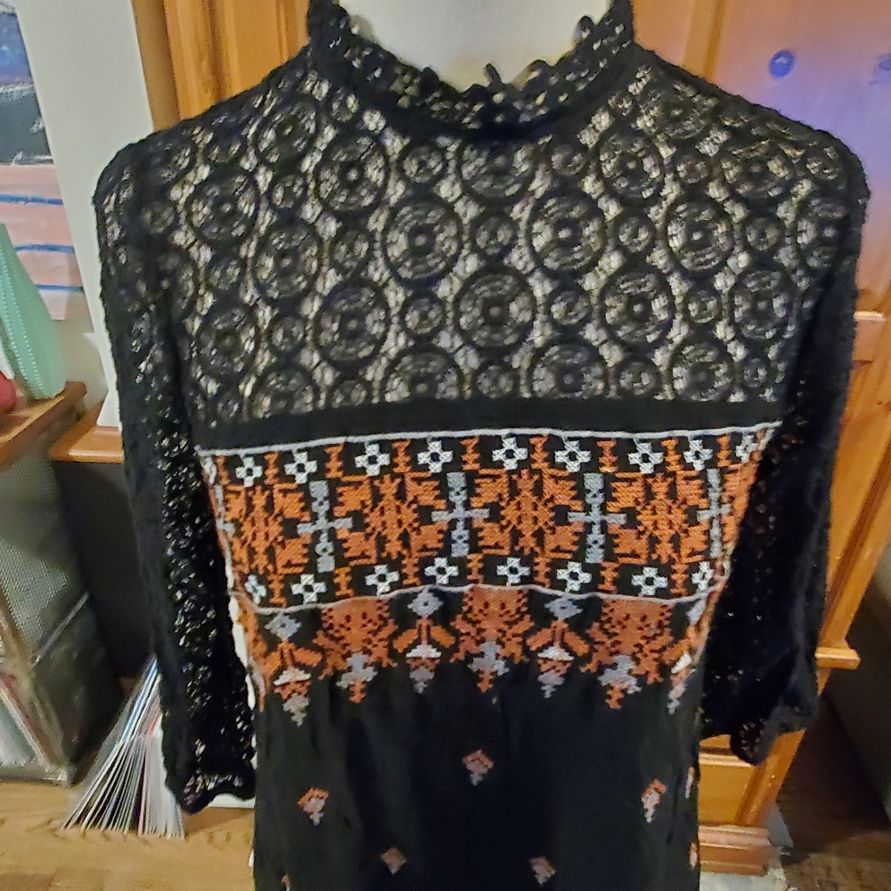 Doen Style Mini Tent Vintage Mini Swing 70s Small Black and Orange Lace Dress - Picture 3 of 14